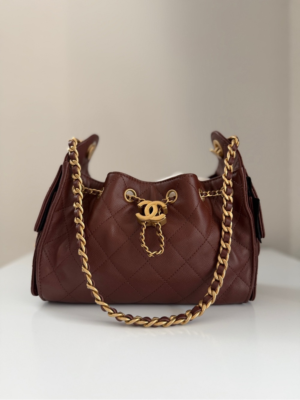 CHANEL 25 Mini Burgundy Brown Caviar Hobo Bag